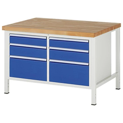 Munkapad, SZxMxM 1250x900x840 mm, 6 fiók: 2x120/2x150/2x270 mm, 40 mm-es bükk munkalap RAL 7035/5010