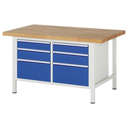 Munkapad, SZxMxM 1500x900x840 mm, 6 fiók: 2x120/2x150/2x270 mm, 40 mm-es bükk munkalap, RAL 7035/5010