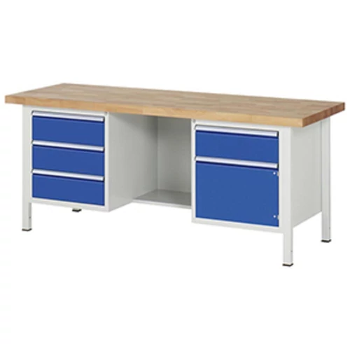 Munkapad, SZxMxM 2000x700x840 mm, 4 fiók 180 mm, 1 ajtó 360 mm, 40 mm-es bükk munkalap RAL 7035/5010