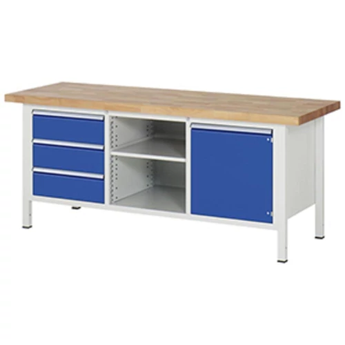 Munkapad, SZxMxM 2000x700x840 mm, 3 fiók 180 mm, 1 ajtó 540 mm, 1 polc, 40 mm-es bükk munkalap, RAL 7035/5010