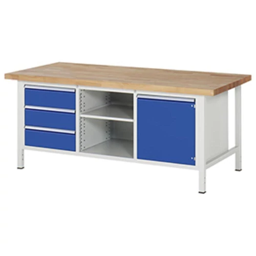 Munkapad, SZxMxM 2000x900x840 mm, 3 fiók 180 mm, 1 ajtó 540 mm, 1 polc, 40 mm-es bükk munkalap, RAL 7035/5010