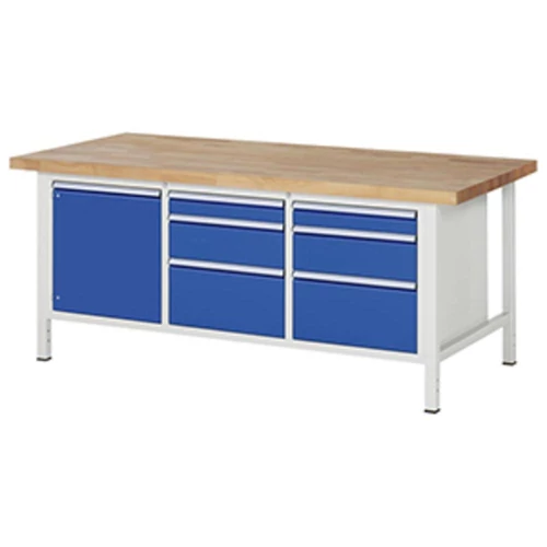 Munkapad, SZxMxM 2000x900x840 mm, 1 ajtó 540 mm, 1 polc, 6 fiók: 2x90/2x180/2x270 mm, 40 mm-es bükk munkalap, RAL 7035/5010