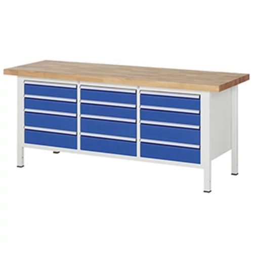 Munkapad, SZxMxM 2000x700x840 mm, 12 fiók: 6x120/6x150 mm, 40 mm-es bükk munkalap, RAL 7035/5010