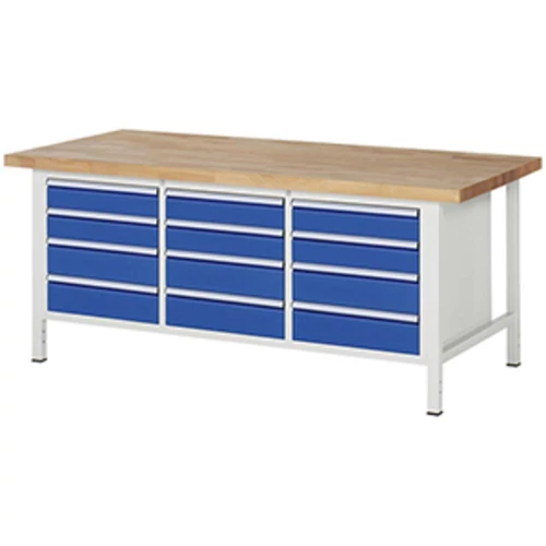 Munkapad, SZxMxM 2000x900x840 mm, 12 fiók: 6x120/6x150 mm, 40 mm-es bükk munkalap, RAL 7035/5010