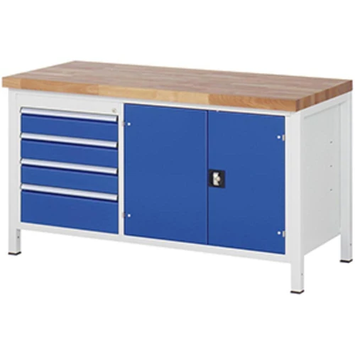 Munkapad, SZxMxM 1500x700x840 mm, 4 fiók: 3x120/180 mm, 1 dupla ajtó 1 polccal, 40 mm-es bükk munkalap, RAL 7035/5010