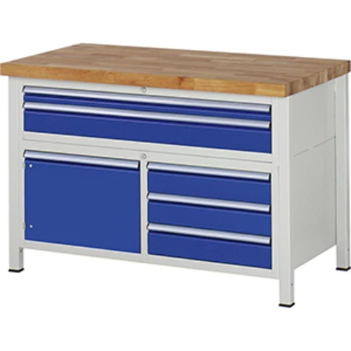 Munkapad, SZxMxM 1250x700x840 mm, 2 fiók: 60/120 mm, 1 ajtó 360 mm, 3 fiók 120 mm, 40 mm-es bükk munkalap, RAL 7035/5010