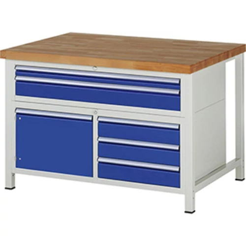 Munkapad, SZxMxM 1250x900x840 mm, 2 fiók: 60/120 mm, 1 ajtó 360 mm, 3 fiók 120 mm, 40 mm-es bükk munkalap, RAL 7035/5010