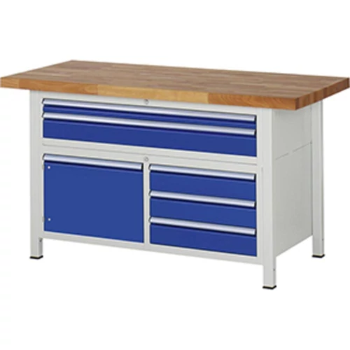 Munkapad, SZxMxM 1500x700x840 mm, 2 fiók: 60/120 mm, 1 ajtó 360 mm, 3 fiók 120 mm, 40 mm-es bükk munkalap, RAL 7035/5010