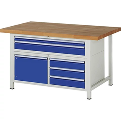 Munkapad, SZxMxM 1500x900x840 mm, 2 fiók: 60/120 mm, 1 ajtó 360 mm, 3 fiók 120 mm, 40 mm-es bükk munkalap, RAL 7035/5010