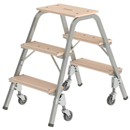 Lépcsőfok, munkamagasság 2,6 m, 3 lépcsőfok, tömeg 14,6 kg, 4 fékezett forgó görgővel