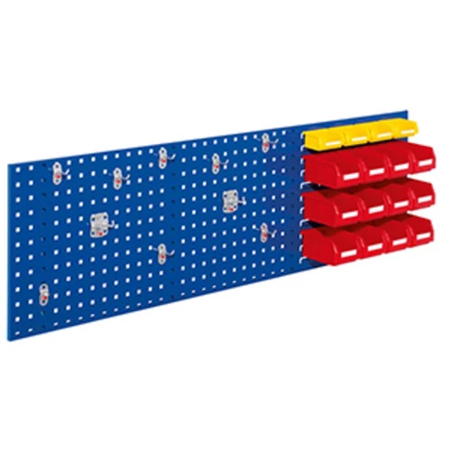 Kezdőkészlet, a legjobb. 1 db perforált/hasítékolt lemez 1500x450 mm, 12 darabos szerszámtartó készlet, 4 db kicsi + 12 nagy láda, RAL 5010