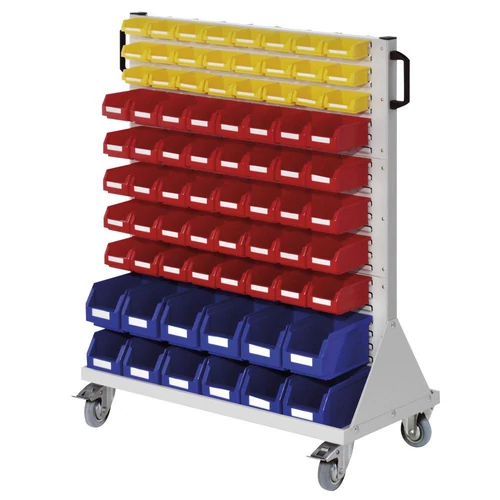 Mobil szerelőpolc, kétoldalas, dobozok száma: 24 x 6-os méret, 80 x 7-es méret, 48 x 8-as méret, SZxMxH 1000x500x1230 mm