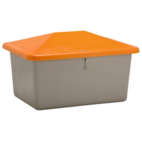 Szóróanyag tartály 1500 l, külső méretek SZxMxM 1630x1210 x1010 mm, nyílás nélkül, szürke ház, narancssárga burkolat