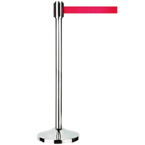 Hevederállvány, króm változat piros övvel, magasság 1 m, láb átm. 0,32 m, öv hossza max 3 m, súlya 12,5 kg