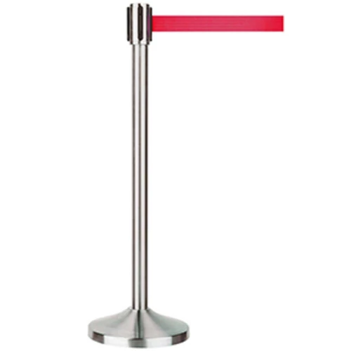 Hevederállvány, rozsdamentes változat, piros övvel, magassága 1 m, talp átm. 0,32 m, övhossz max 3000 mm, tömeg 12,5 kg