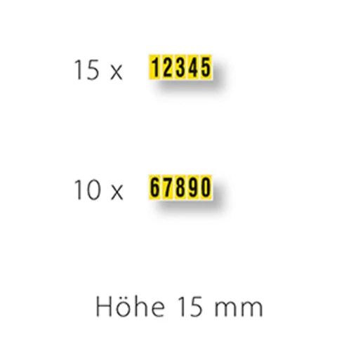 Számok 0-9, öntapadós, betűmagasság 15 mm, 550 db címke 66x1-5 és 44x6-0, fekete betűkkel, sárga címke