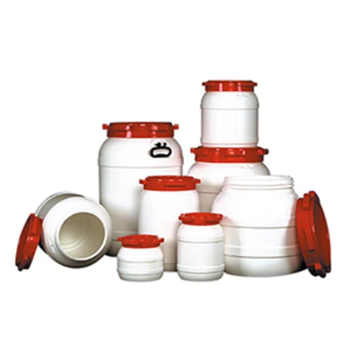 Széles nyakú hordó, PE (HDPE), fehér, piros csavaros fedél, űrtartalom 26 l, átm. 316 mm, magasság 426 mm, nyílás 204 mm, 2 db