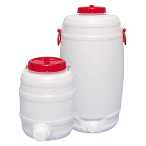 Kerek hordó polietilénből (HDPE, fehér, fedél, űrtartalom 10 l, átm. 235 mm, magasság 310 mm, nyílás 110 mm, 2 db