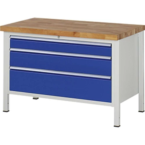 Munkapad, SZxMxM 1250x700x840 mm, 3 fiók: 120/180/240 mm, 40 mm-es bükk munkalap, RAL 7035/5010