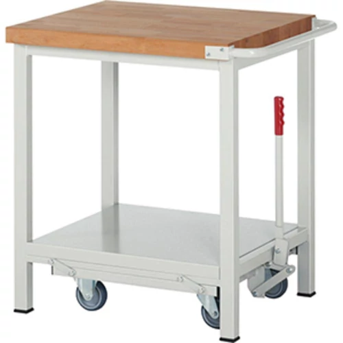 Munkapad leengedhető görgős alvázzal, SZxMxM 750x700x880 mm, 40 mm-es bükk munkalap, RAL 7035, polc
