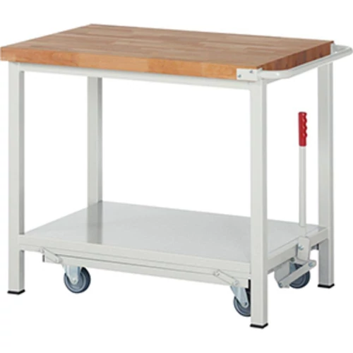 Munkapad leengedhető görgős alvázzal, SZxMxM 1000x700x880 mm, 40 mm-es bükk munkalap, RAL 7035, polc