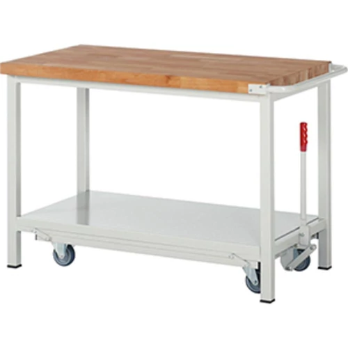 Munkapad leengedhető görgős alvázzall, SZxMxM 1250x700x880 mm, 40 mm-es bükk munkalap, RAL 7035, polc