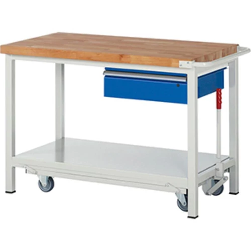 Munkapad leengedhető alvázzal, SZxMxM 1250x700x880 mm, 1 akasztós fiók 150 mm, 40 mm-es bükk munkalap, RAL 7035/5010