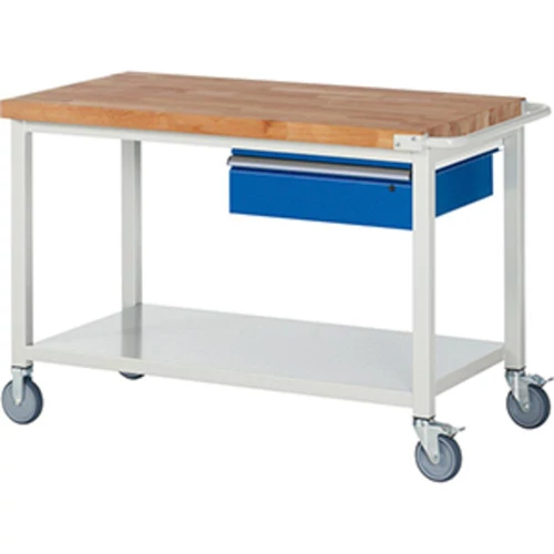 Mobil munkapad, SZxMxM 1250x700x880 mm, 1 fiók 150 mm, polc, 40 mm-es bükk munkalap, RAL 7035/5010