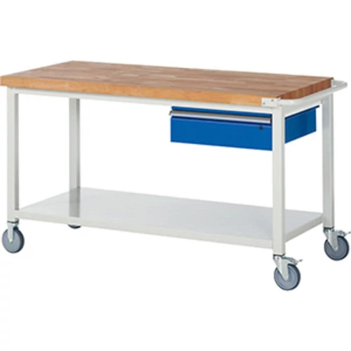 Mobil Munkapad, SZxMxM 1500x700x880 mm, 1 fiók 150 mm, polc, 40 mm-es bükk munkalap, RAL 7035/5010