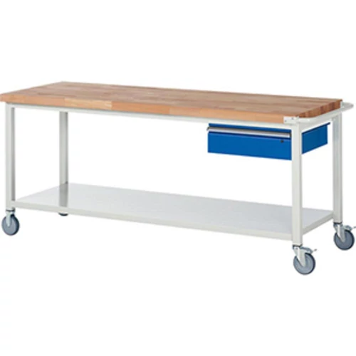 Mobil munkapad, SZxMxM 2000x700x880 mm, 1 fiók 150 mm, polc, 40 mm-es bükk munkalap, RAL 7035/5010