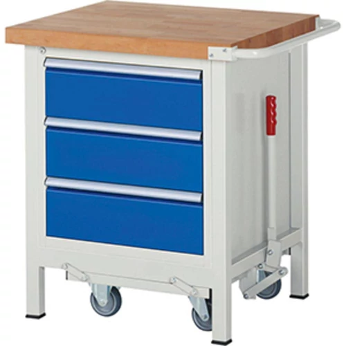 Munkapad leengedhető görgős alvázzal, SZxMxM 750x700x880 mm, 3 fiók 180 mm, 40 mm-es bükk munkalap, RAL 7035/5010