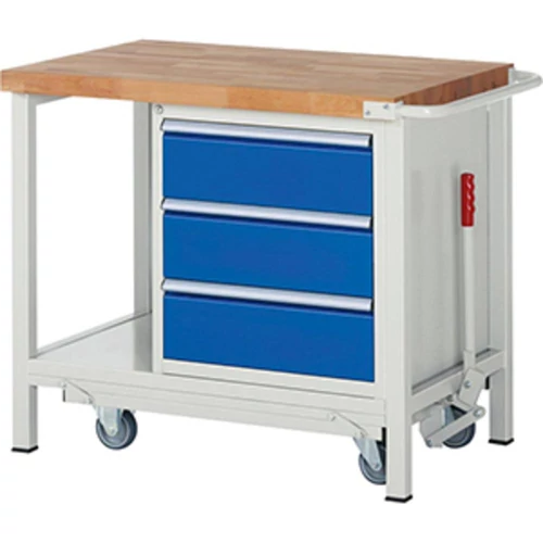 Munkapad leengedhető görgős alvázzal, SZxMxM 1000x700x880 mm, 3 fiók 180 mm, 40 mm-es bükk munkalap, RAL 7035/5010