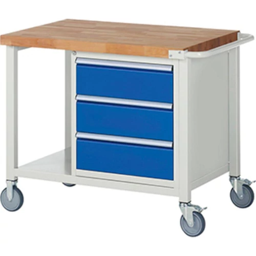 Mobil munkapad, SZxMxM 1000x700x880 mm, 3 fiók 180 mm, polc, 40 mm-es bükk munkalap, RAL 7035/5010