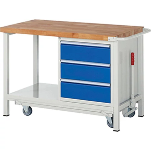 Munkapad leengedhető alvázzal, SZxMxM 1250x700x880 mm, 3 fiók 180 mm, 40 mm-es bükk munkalap, RAL 7035/5010