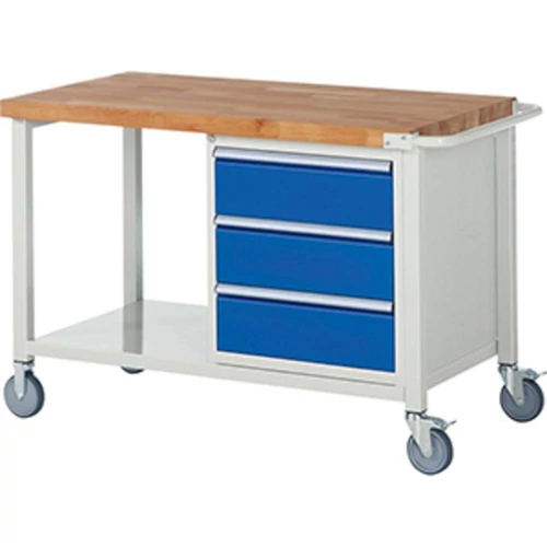 Mobil munkapad, SZxMxM 1250x700x880 mm, 3 fiók 180 mm, polc, 40 mm-es bükk munkalap, RAL 7035/RAL5010