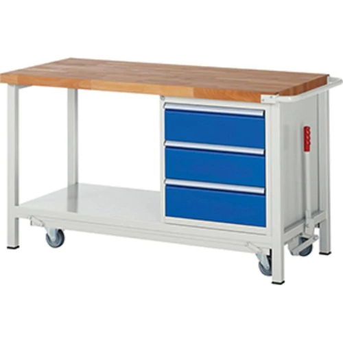Munkapad leengedhető alvázzal, SZxMxM 1500x700x880 mm, 3 fiók 180 mm, 40 mm-es bükk munkalap, RAL 7035/5010