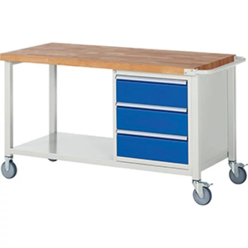 Mobil munkapad, SZxMxM 1500x700x880 mm, 3 fiók 180 mm, polc, 40 mm-es bükk munkalap, RAL 7035/RAL5010