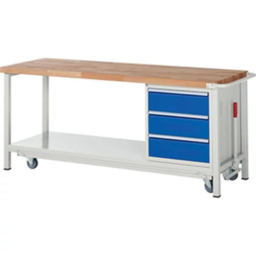 Munkapad leengedhető görgős alvázzal, SZxMxM 2000x700x880 mm, 3 fiók 180 mm, 40 mm-es bükk munkalap, RAL 7035/5010