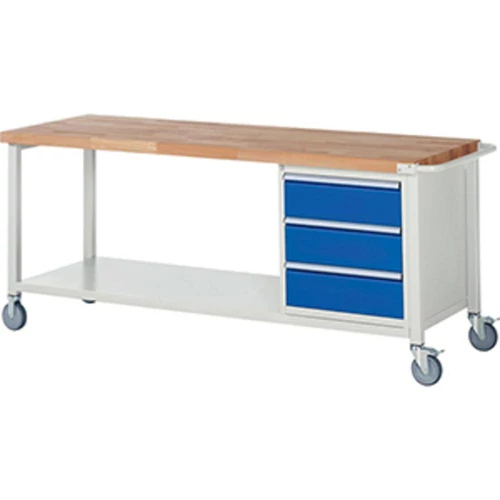 Mobil munkapad, SZxMxM 2000x700x880 mm, 3 fiók 180 mm, polc, 40 mm-es bükk munkalap, RAL 7035/RAL5010