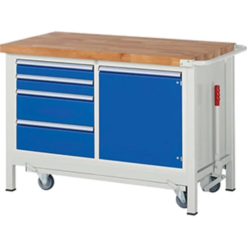 Munkapad leengedhető görgős alvázzal, SZxMxM 1250x700x880 mm, 4 fiók: 2x90/2x180 mm, 1 ajtó 540 mm, 1 polc