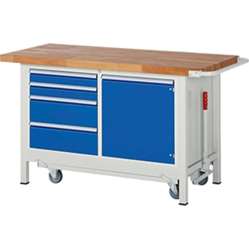 Munkapad leengedhető görgős alvázzal, SZxMxM 1500x700x880 mm, 4 fiók: 2x90/2x180 mm, 1 ajtó 540 mm, 1 polc