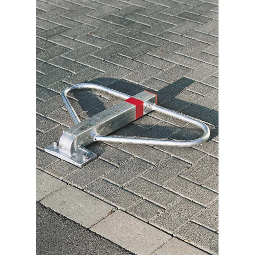 Acél parkolókengyel, horganyzott, csavarozáshoz, hengerzárral zárható, középső oszlop 70x70 mm, kengyel átm. 25 mm, SZxM 770x500 mm