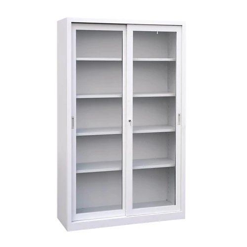SLIP-10 12 G - G - Tolóajtós fém irattároló szekrény, 4 mm-es edzett üveg ajtóval, 2 polccal, 1090×1200×450 mm