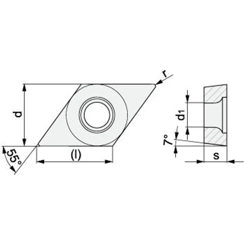 DCMT Váltólapka; Kivitel: DCMT 11T308E-NF; Típus: NWC30 (P15-P30); l mm: 11,60; d mm: 9,525; s mm: 3,97; d1 mm: 4,4; r mm: 0,8