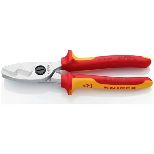 Kábelvágó olló, 200 mm hosszú, krómozott fej, VDE többkomponensű markolat KNIPEX