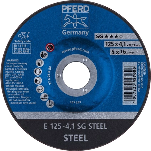 Csiszolókorong SG STEEL D125xS4,1mm, acélhoz, furat 22,23 mm PFERD