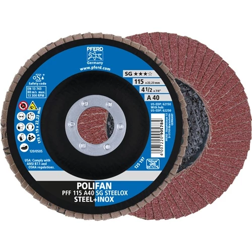 Legyező korong POLIFAN A SG STEELOX D. 115 mm szemcse A-40 lapos INOX normál korund PFERD