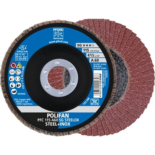 Legyező korong POLIFAN A PSF STEELOX Ø 115 mm szemcse A-60 kúpos acél/fa normál korund PFERD