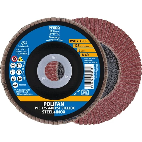 Legyező korong POLIFAN A PSF STEELOX Ø 125 mm szemcse A-40 kúpos acél/fa normál korund PFERD