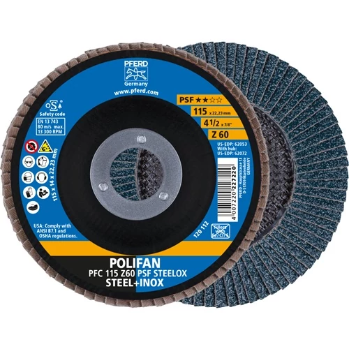 Legyező korong POLIFAN Z PSF STEELOX Ø 115 mm szemcseméretű Z-60 kúpos INOX cirkónium korund PFERD